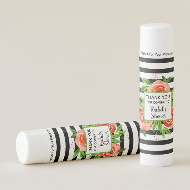 Coral Roses Black & White Stripes Thank You Gift Lip Balm (Front)
