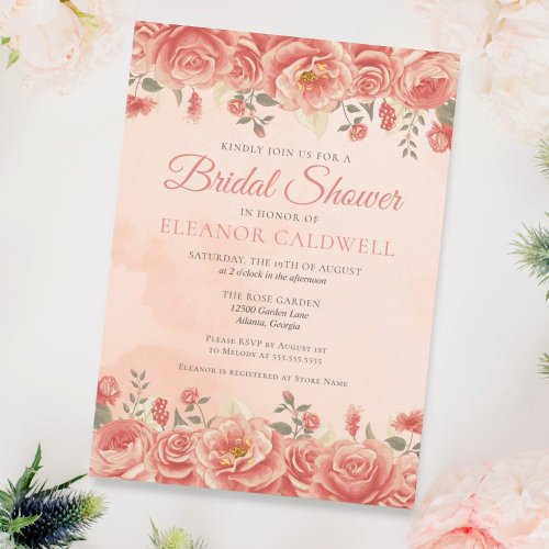 Coral Roses Chic Peach Watercolor Floral Wedding Invitation