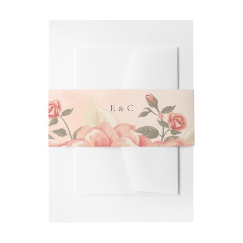 Coral Roses Chic Peach Watercolor Floral Wedding Invitation Belly Band