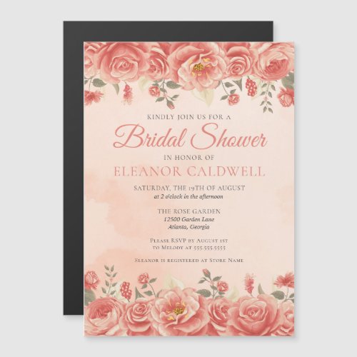 Coral Roses Chic Peach Watercolor Floral Wedding Magnetic Invitation