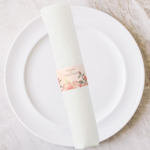 Coral Roses Chic Peach Watercolor Floral Wedding Napkin Bands