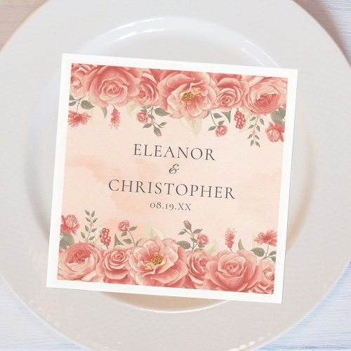 Coral Roses Chic Peach Watercolor Floral Wedding Napkins