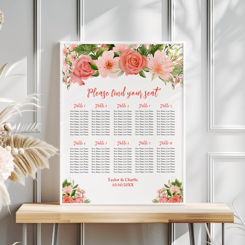 Coral Roses Floral Wedding 10 Tables Seating Chart