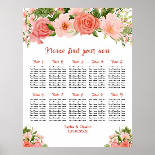 Coral Roses Floral Wedding 10 Tables Seating Chart