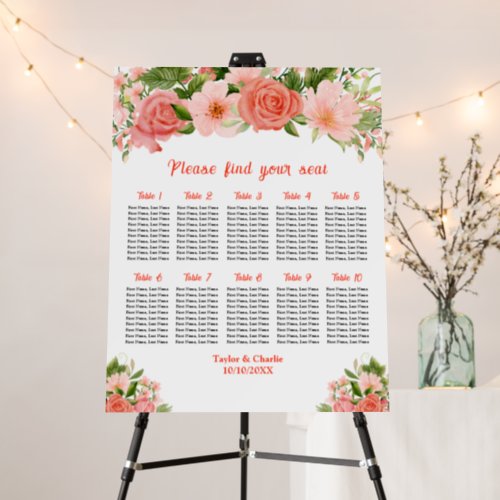 Coral Roses Floral Wedding 10 Tables Seating Chart Foam Board