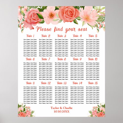 Coral Roses Floral Wedding 15 Tables Poster