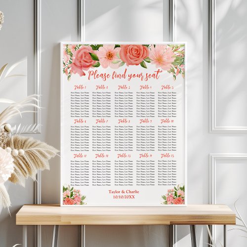 Coral Roses Floral Wedding 15 Tables Poster