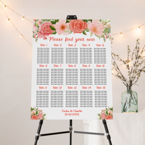 Coral Roses Floral Wedding 15 Tables Seating Chart Foam Board