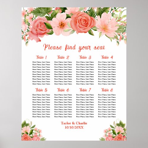 Coral Roses Floral Wedding 8 Tables Seating Chart
