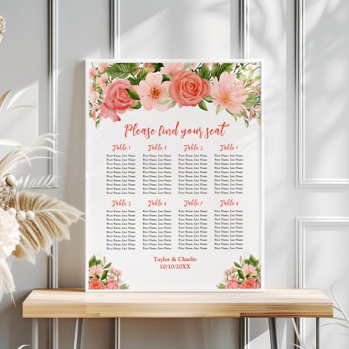 Coral Roses Floral Wedding 8 Tables Seating Chart