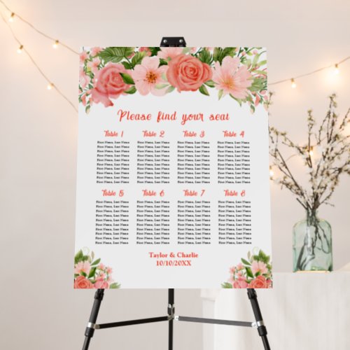 Coral Roses Floral Wedding 8 Tables Seating Chart Foam Board