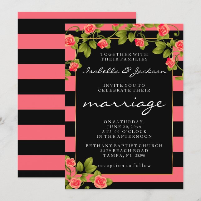 Coral Roses on Coral and Black Stripes Invitation (Front/Back)