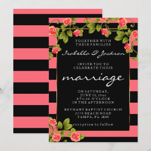 Coral Roses on Coral and Black Stripes Invitation