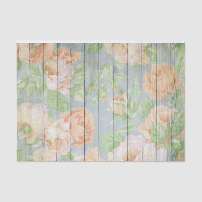 Coral Roses On Weathered Planks Rustic Tissue Paper (Front)