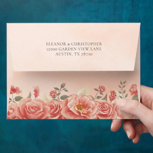 Coral Roses Peach Floral Watercolor Wedding Envelope
