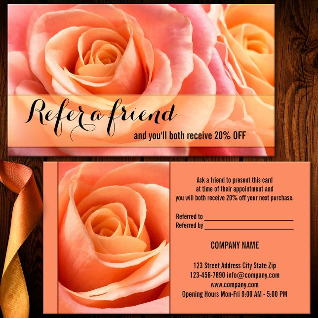 Coral Roses Referral Tell A Friend Business Card (A referral business card featuring elegant coral roses - great for a beautician or makeup artist)