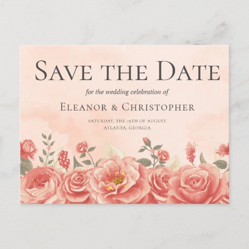 Coral Roses Watercolor Peach Floral Save the Date Announcement Postcard