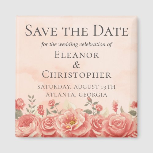 Coral Roses Watercolor Peach Floral Save the Date Magnet