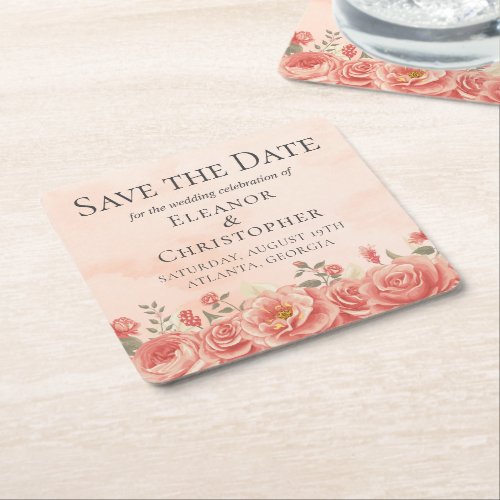 Coral Roses Watercolor Peach Floral Save the Date Square Paper Coaster