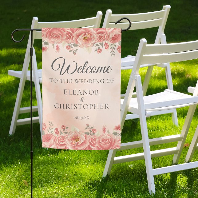 Coral Roses Welcome to Our Wedding Garden Flag (Creator Uploaded)