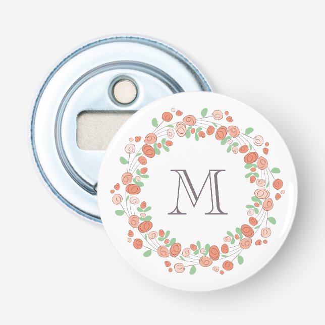 coral roses wreath monogram bottle opener (Front)