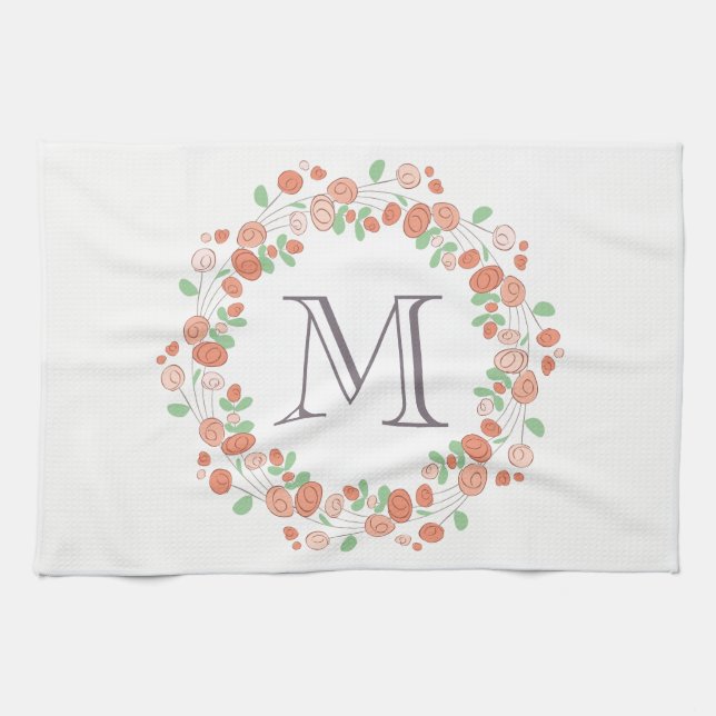 coral roses wreath monogram kitchen towel (Horizontal)