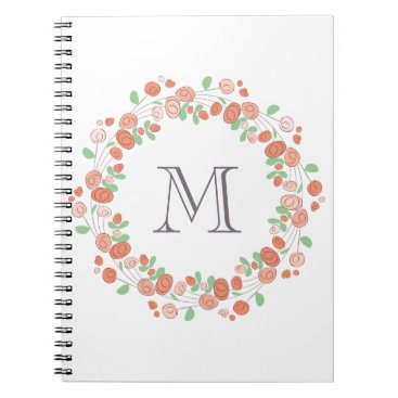 coral roses wreath monogram notebook
