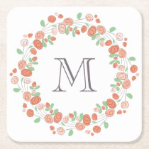 coral roses wreath monogram square paper coaster