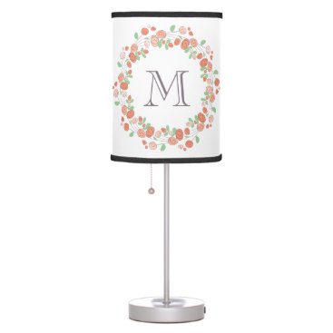 coral roses wreath monogram table lamp