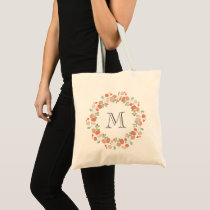 coral roses wreath monogram tote bag