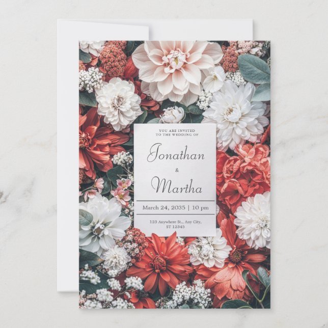 Coral Rust White Dahlia Floral Fall Wedding Invitation (Front)