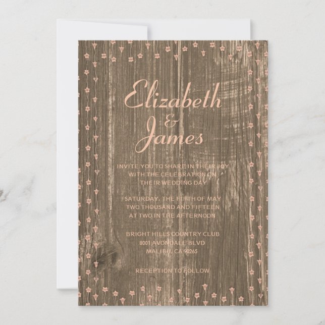 Coral Rustic Country Barn Wood Wedding Invitations (Front)