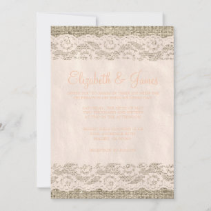 Coral Rustic Lace & Barn Wood Wedding Invitations