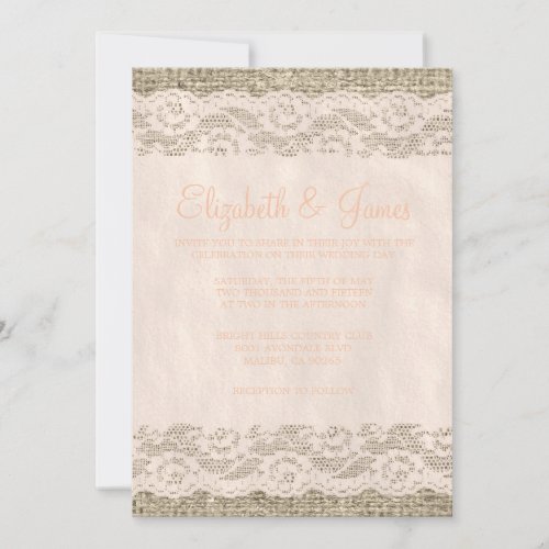 Coral Rustic Lace &amp; Barn Wood Wedding Invitations