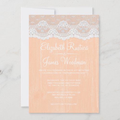 Coral Rustic Lace &amp; Barn Wood Wedding Invitations