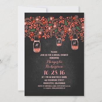Coral Rustic Mason Jars Chalkboard Bridal Shower Invitation by jinaiji at Zazzle