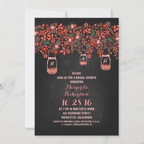 coral rustic mason jars chalkboard bridal shower invitation