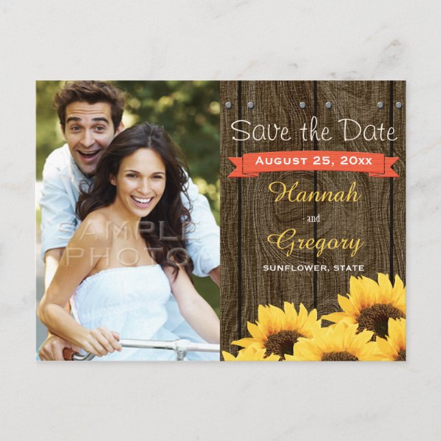 CORAL RUSTIC SUNFLOWER SAVE THE DATE POSTCARD (Front)