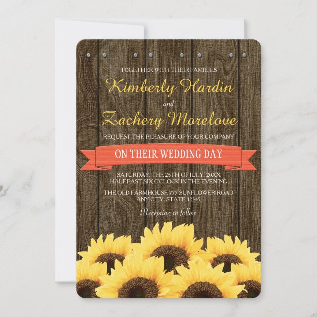 CORAL RUSTIC SUNFLOWER WEDDING INVITATION (Front)