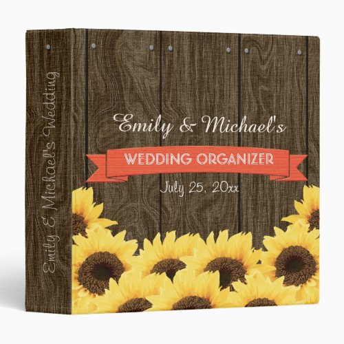 CORAL RUSTIC SUNFLOWER WEDDING ORGANIZER 3 RING BINDER