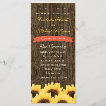 Coral Rustic Sunflower Wedding Program by OccasionInvitations at Zazzle