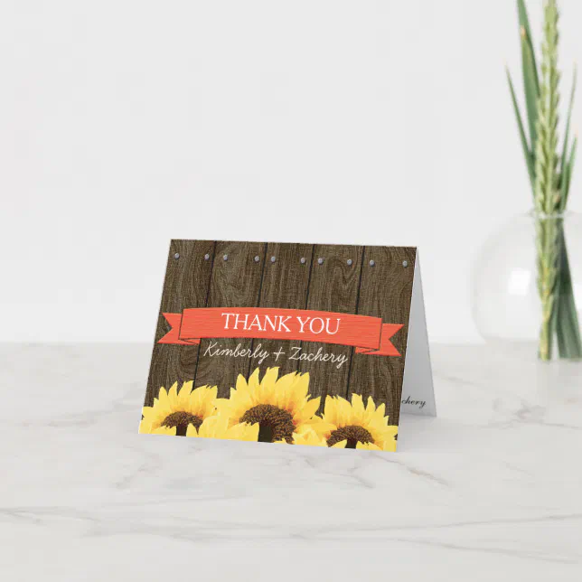 CORAL RUSTIC SUNFLOWER WEDDING THANK YOU CARD | Zazzle