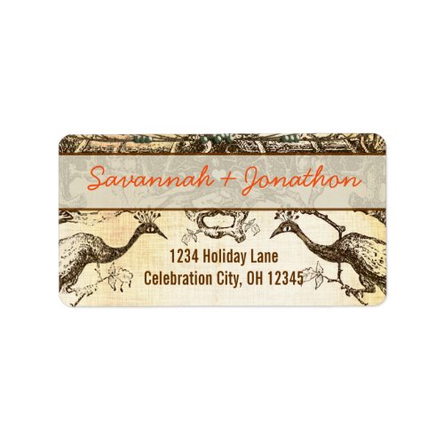 Coral Rustic Wedding Arch Peacock Return Address Label