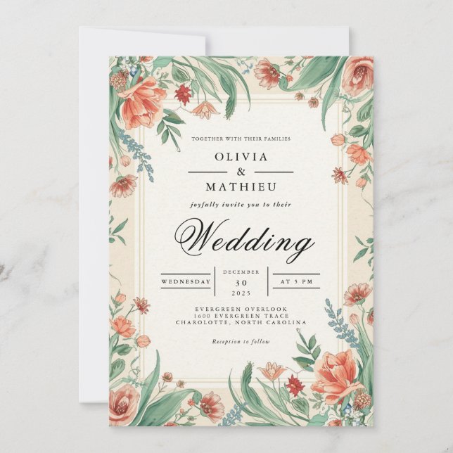 Coral & Sage Floral Arch Wedding Invitation (Front)