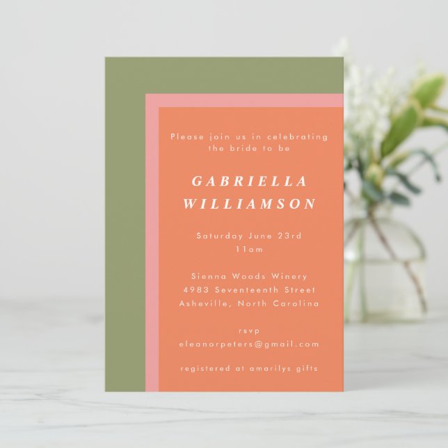 Coral Sage Green Modern Geometric Bridal Shower Invitation (Standing Front)