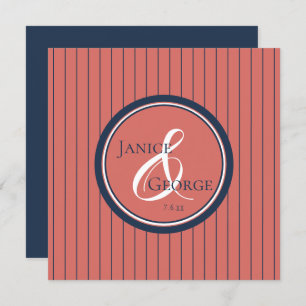 Coral Salmon and Navy Stripes Wedding Invitation