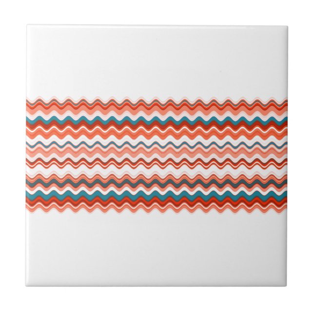 Coral Salmon Orange Blue Wavy Zigzag Pattern Ceramic Tile (Front)