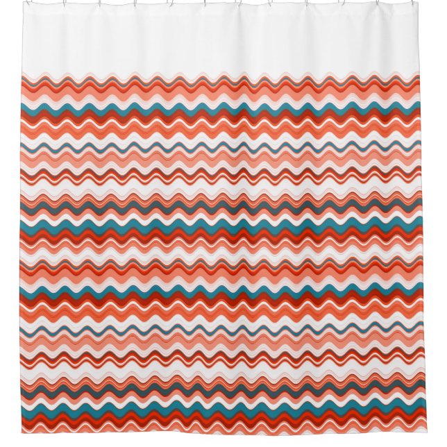 Coral Salmon Orange Blue Wavy Zigzag Pattern Shower Curtain (Front)