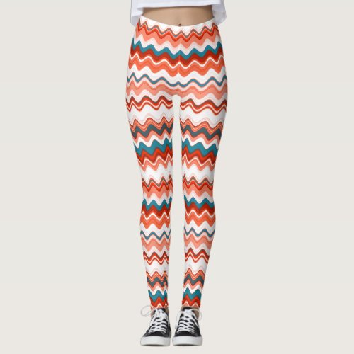 Coral Salmon Orange Turquoise Wavy Zigzag Pattern Leggings