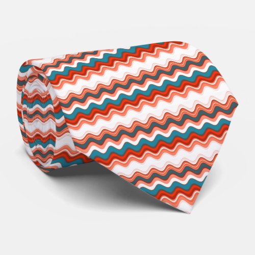 Coral Salmon Orange Turquoise Wavy Zigzag Pattern Neck Tie